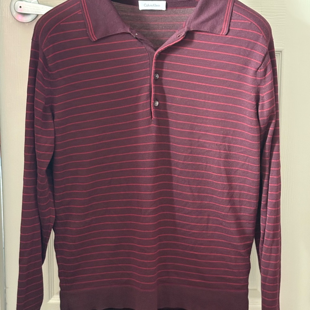 Calvin Klein Men's Maroon Polo with Red Stripes with Reteo/Vintage look.